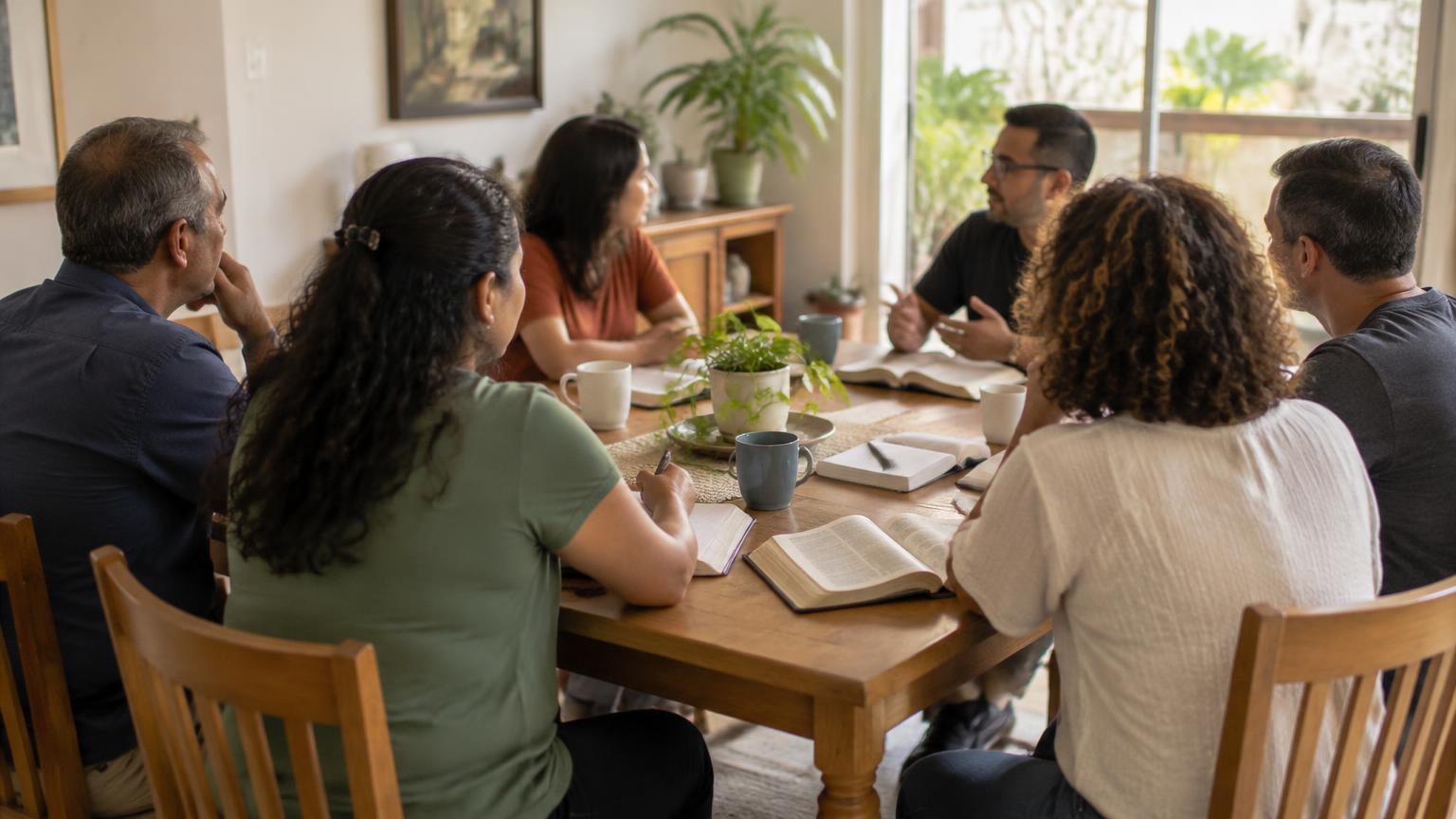 Adultos conversando ao redor de uma mesa em casa, com Bíblias, cadernos e café